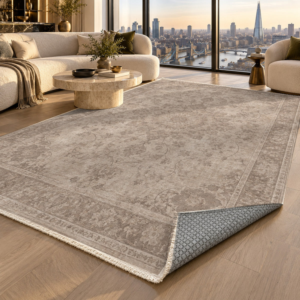 Erased Isfahan Ivory Taupe Vintage Washable Rug — london luxury living