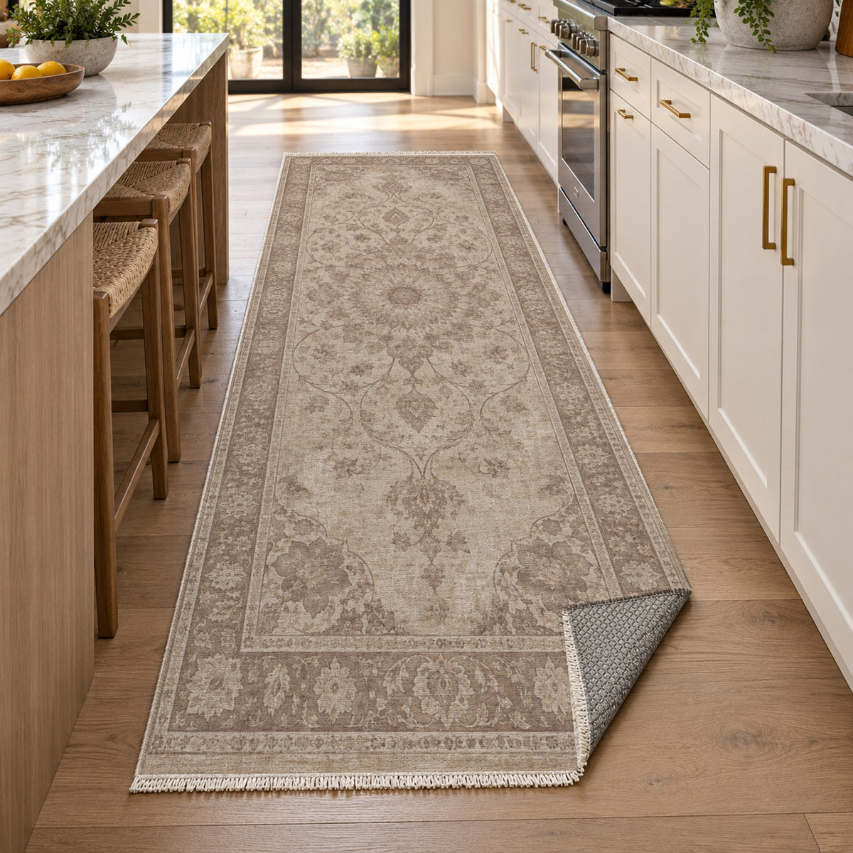 Erased Isfahan Ivory Taupe Vintage Washable Rug — new york kitchen runner