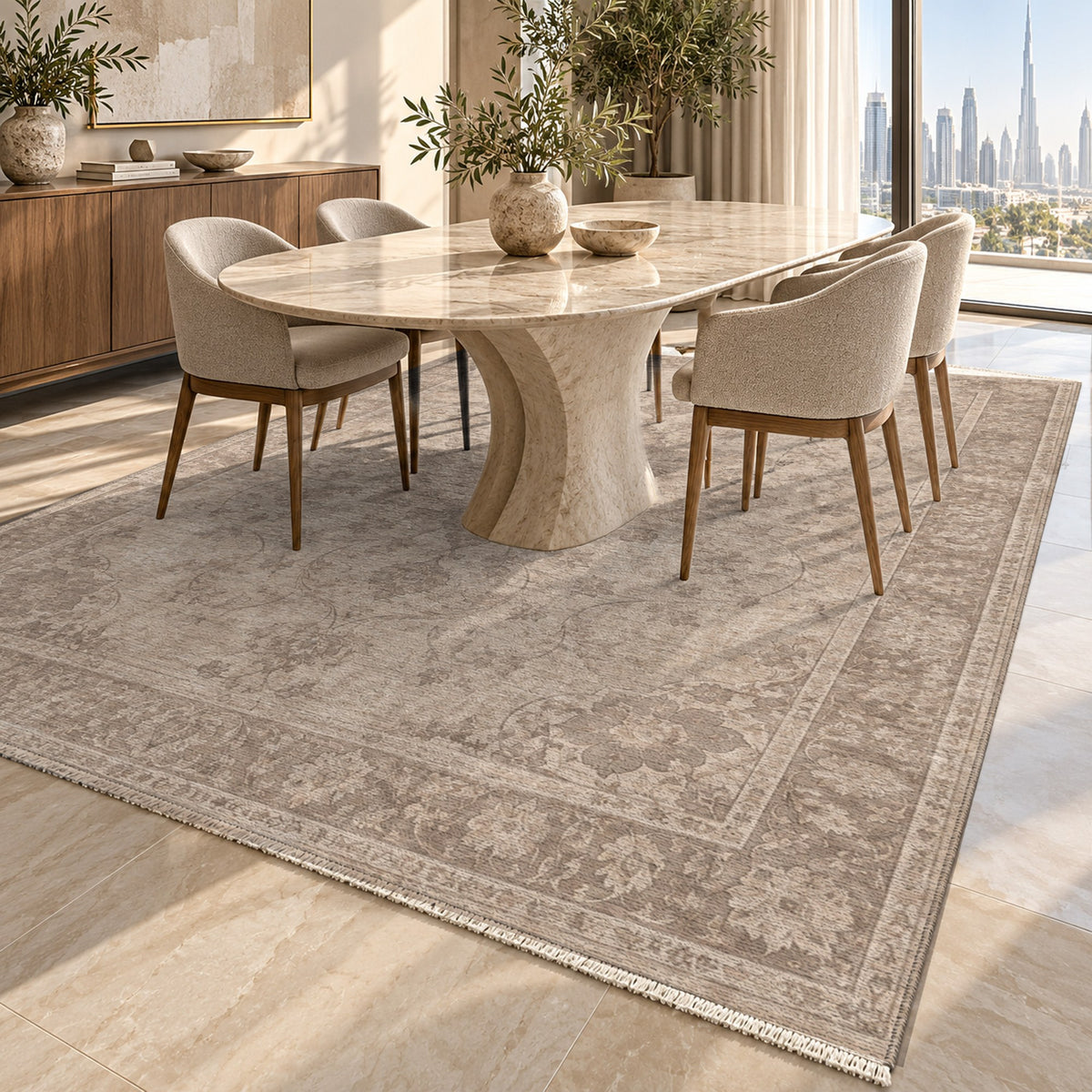 Erased Isfahan Ivory Taupe Vintage Washable Rug — dubai dining
