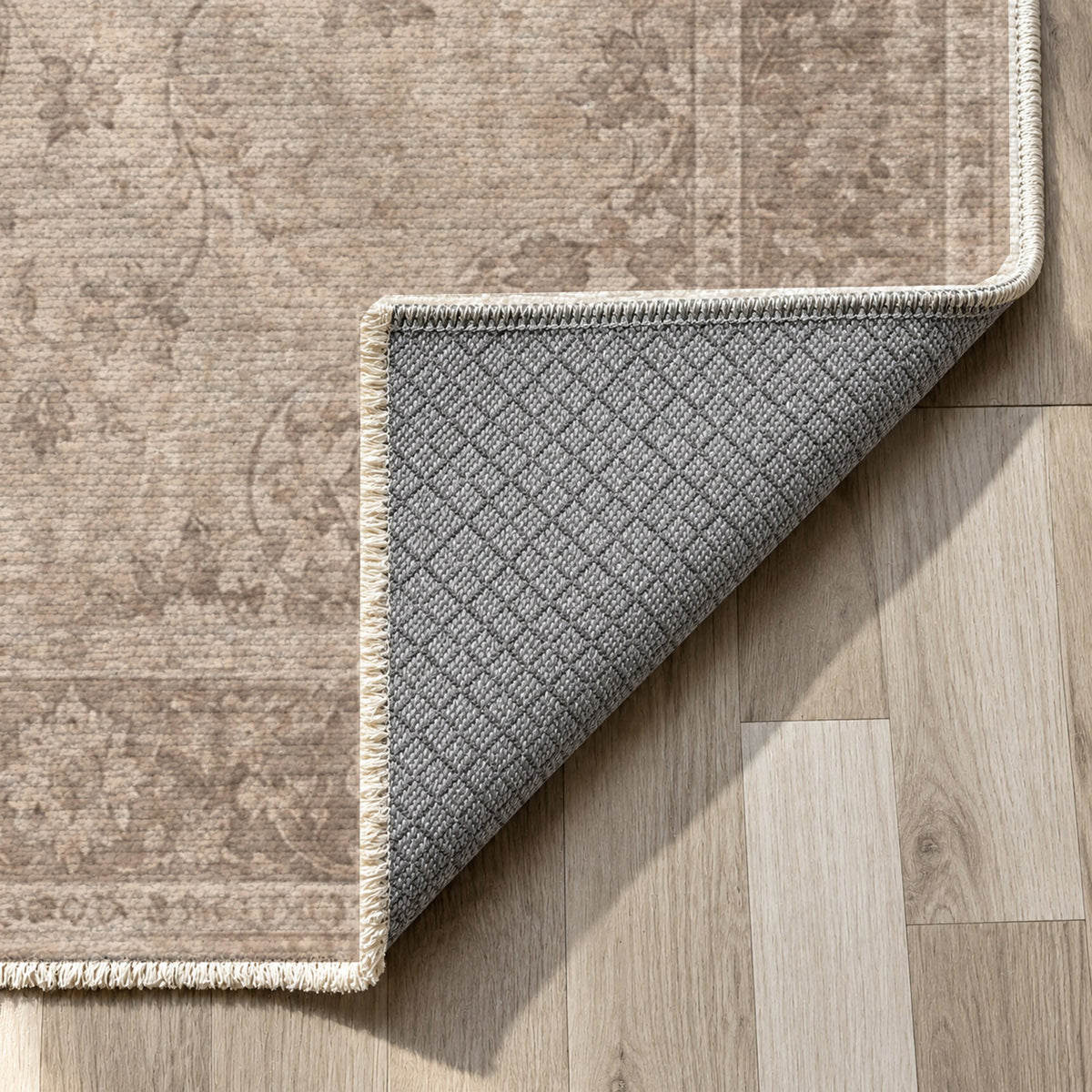 Erased Isfahan Ivory Taupe Vintage Washable Rug — backing close up