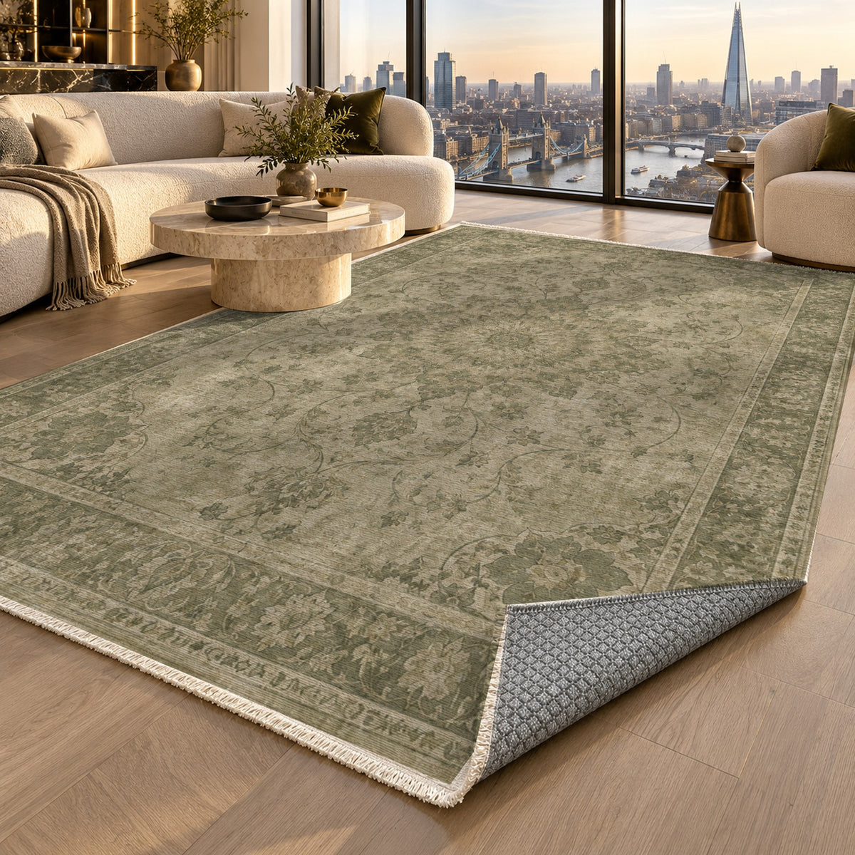 Erased Isfahan Olive Green Vintage Washable Rug — london luxury living