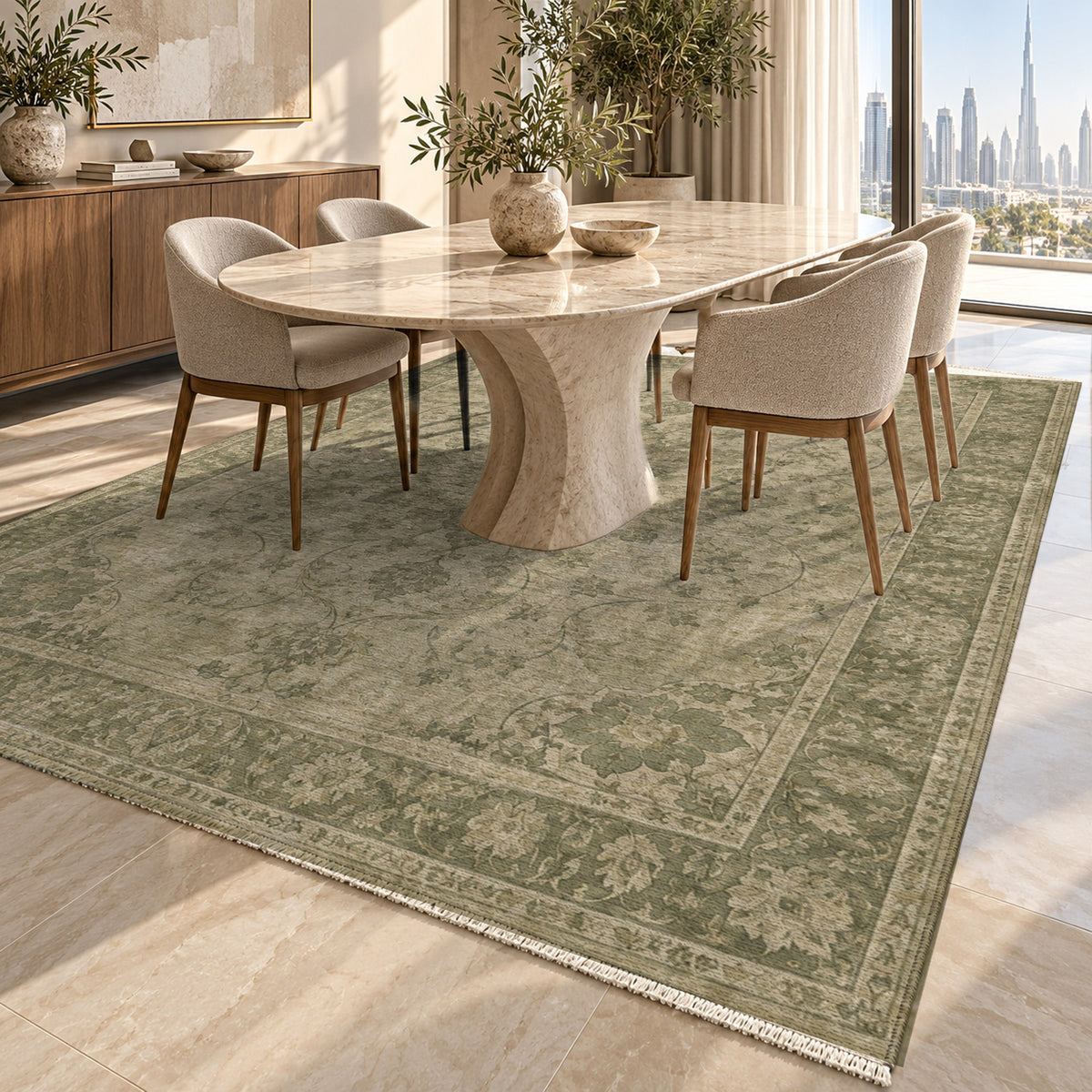 Erased Isfahan Olive Green Vintage Washable Rug — dubai dining
