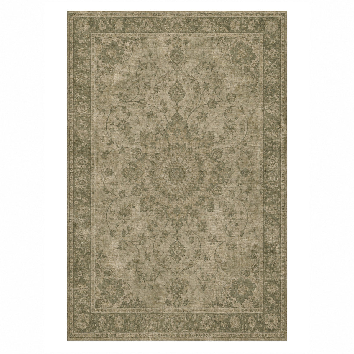 Erased Isfahan Olive Green Vintage Washable Rug — top view