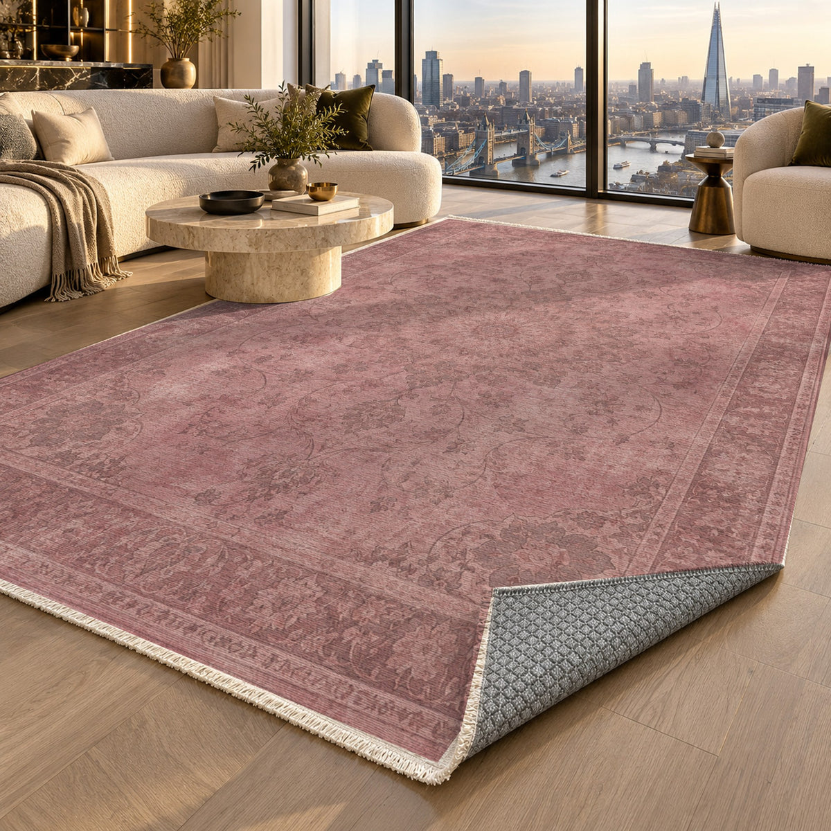 Erased Isfahan Rose Pink Vintage Washable Rug — london luxury living