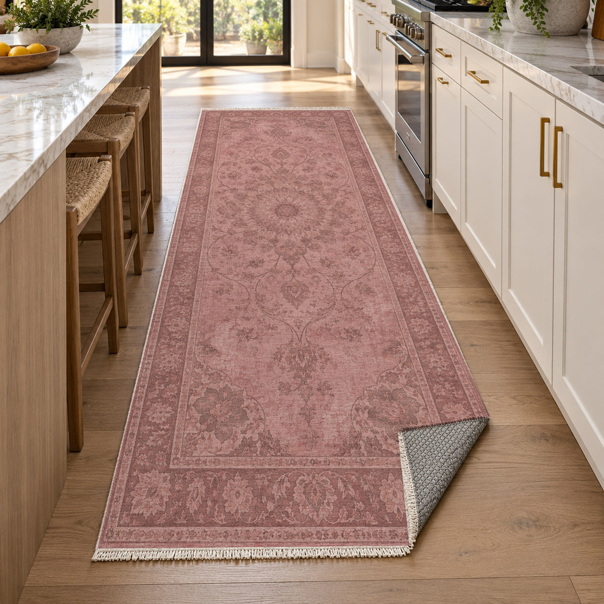 Erased Isfahan Rose Pink Vintage Washable Rug — new york kitchen runner