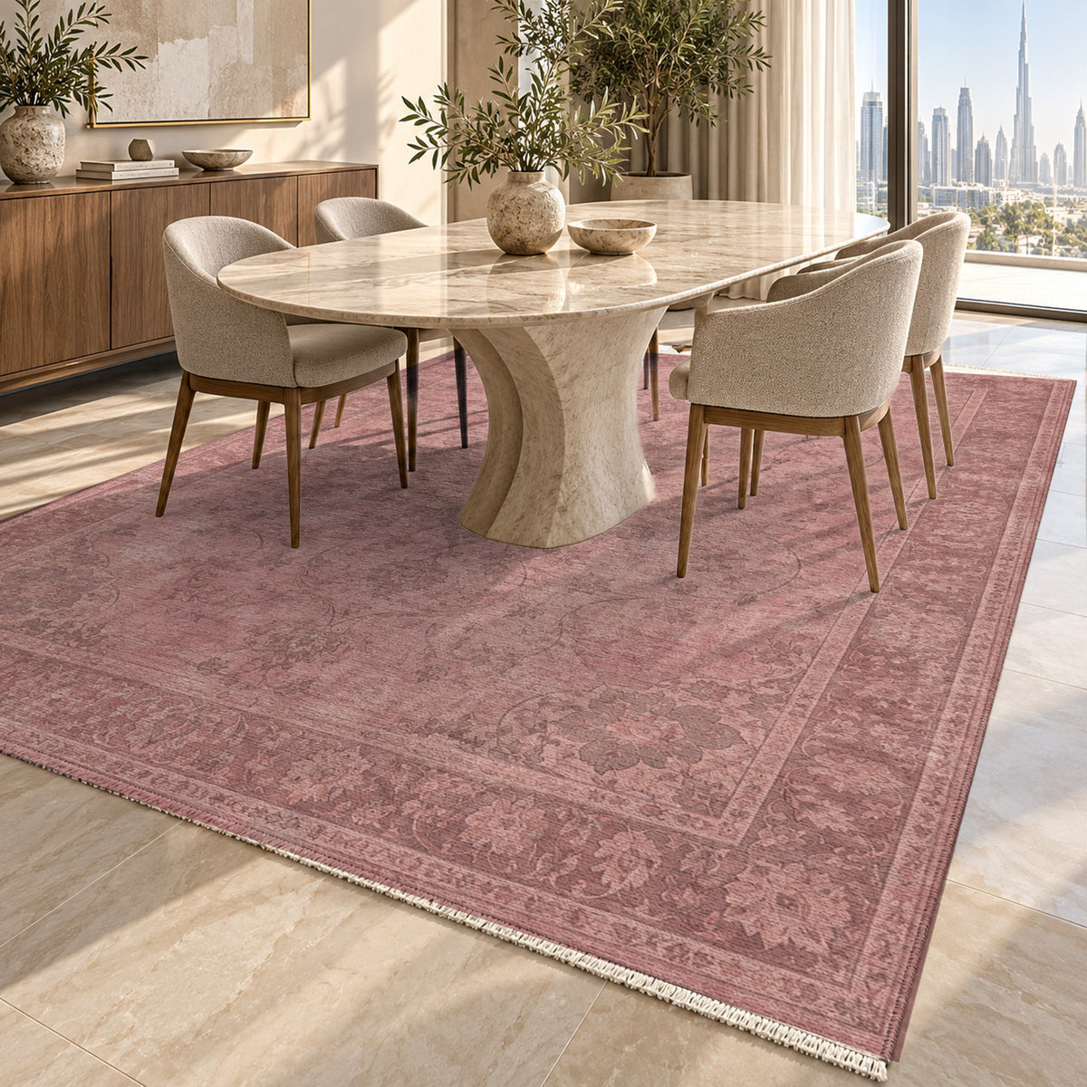 Erased Isfahan Rose Pink Vintage Washable Rug — dubai dining