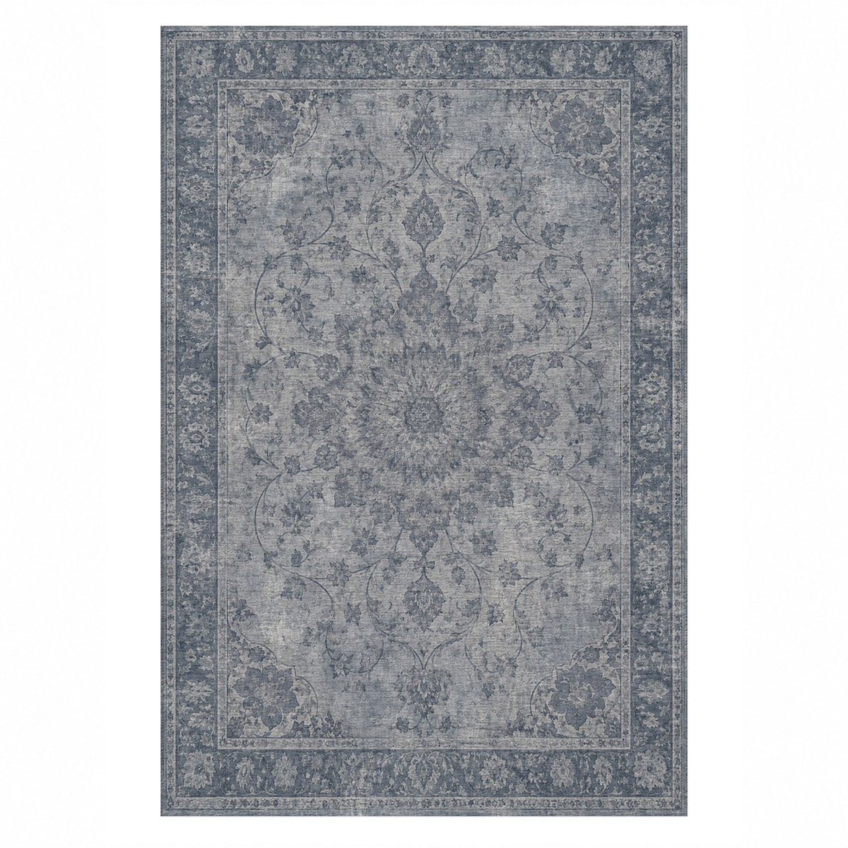 Erased Isfahan Slate Blue Vintage Washable Rug — top view