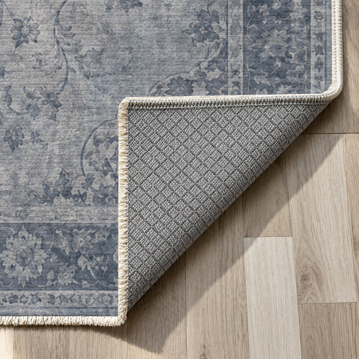 Erased Isfahan Slate Blue Vintage Washable Rug — backing close up