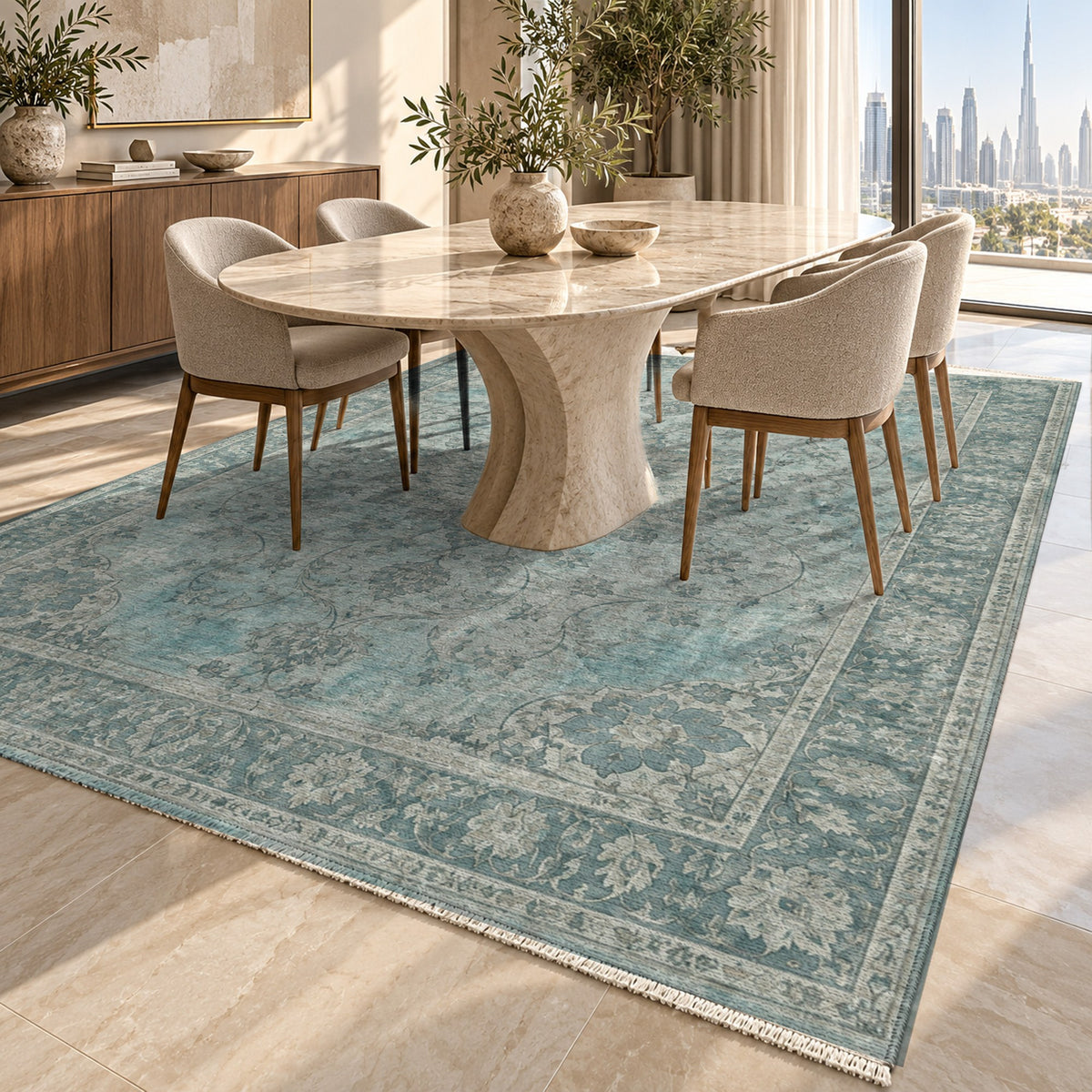 Erased Isfahan Turquoise Blue Vintage Washable Rug — dubai dining
