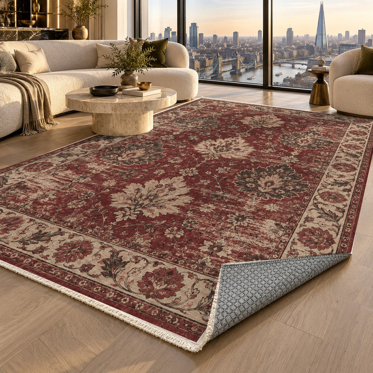 Erased Palmettes Burgundy Red Vintage Washable Rug — london luxury living