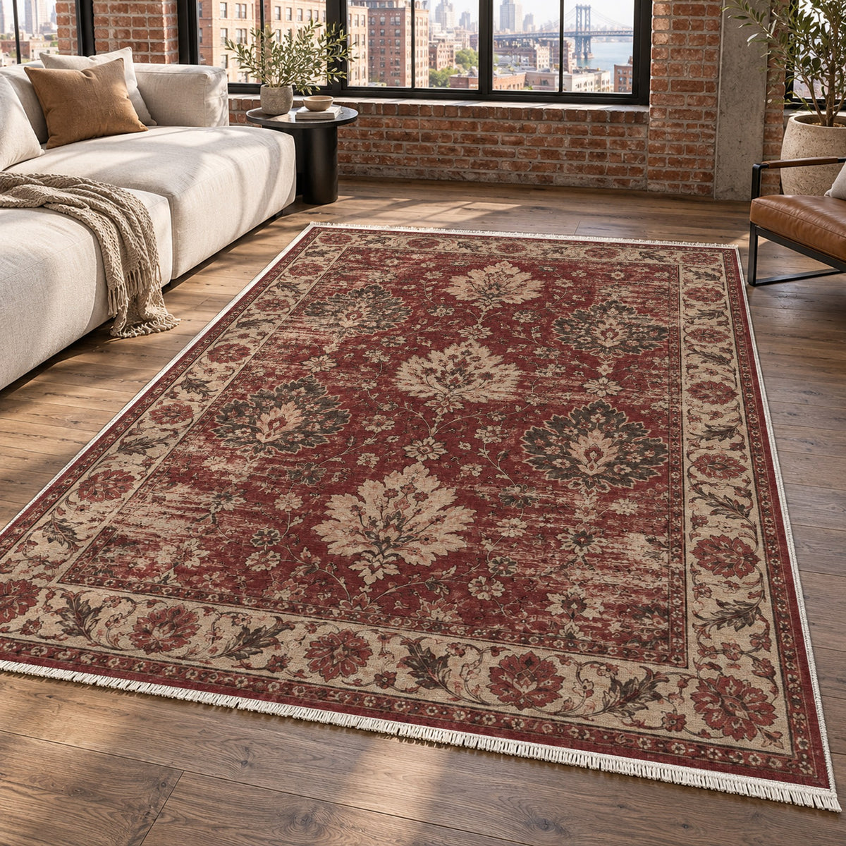 Erased Palmettes Burgundy Red Vintage Washable Rug — new york living