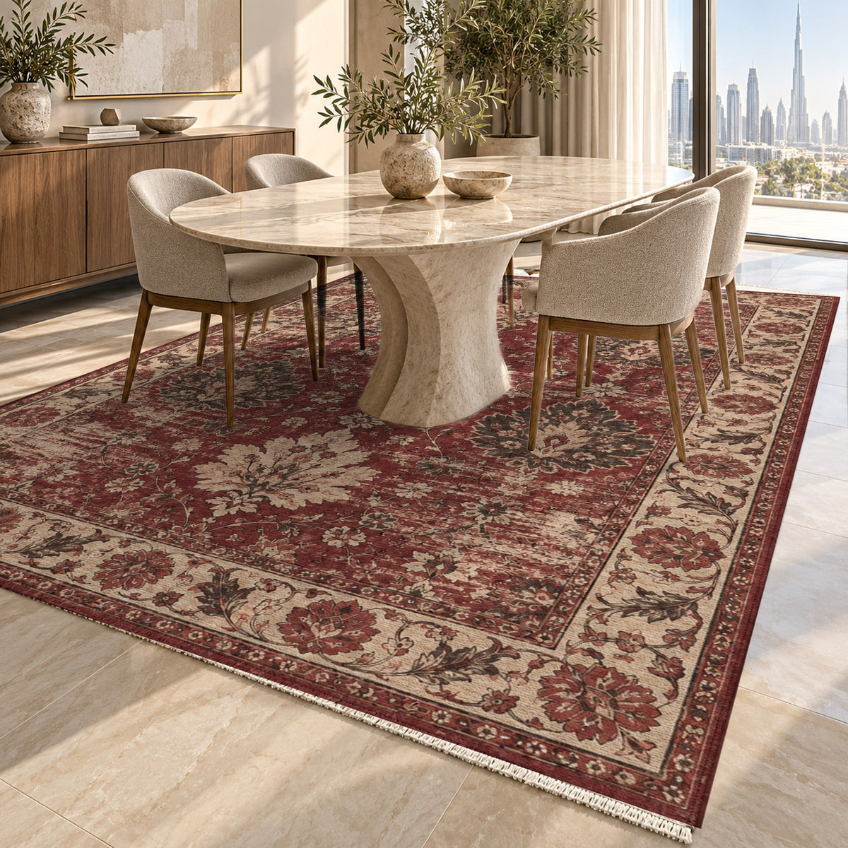 Erased Palmettes Burgundy Red Vintage Washable Rug — dubai dining