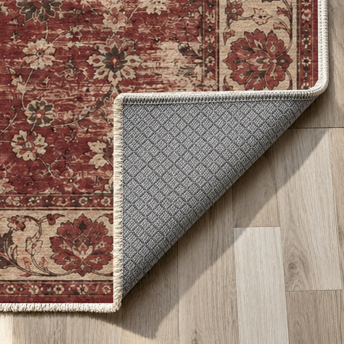 Erased Palmettes Burgundy Red Vintage Washable Rug — backing close up