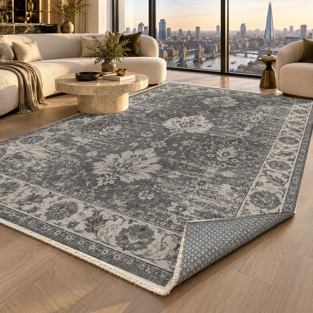Erased Palmettes Charcoal Silver Vintage Washable Rug — london luxury living