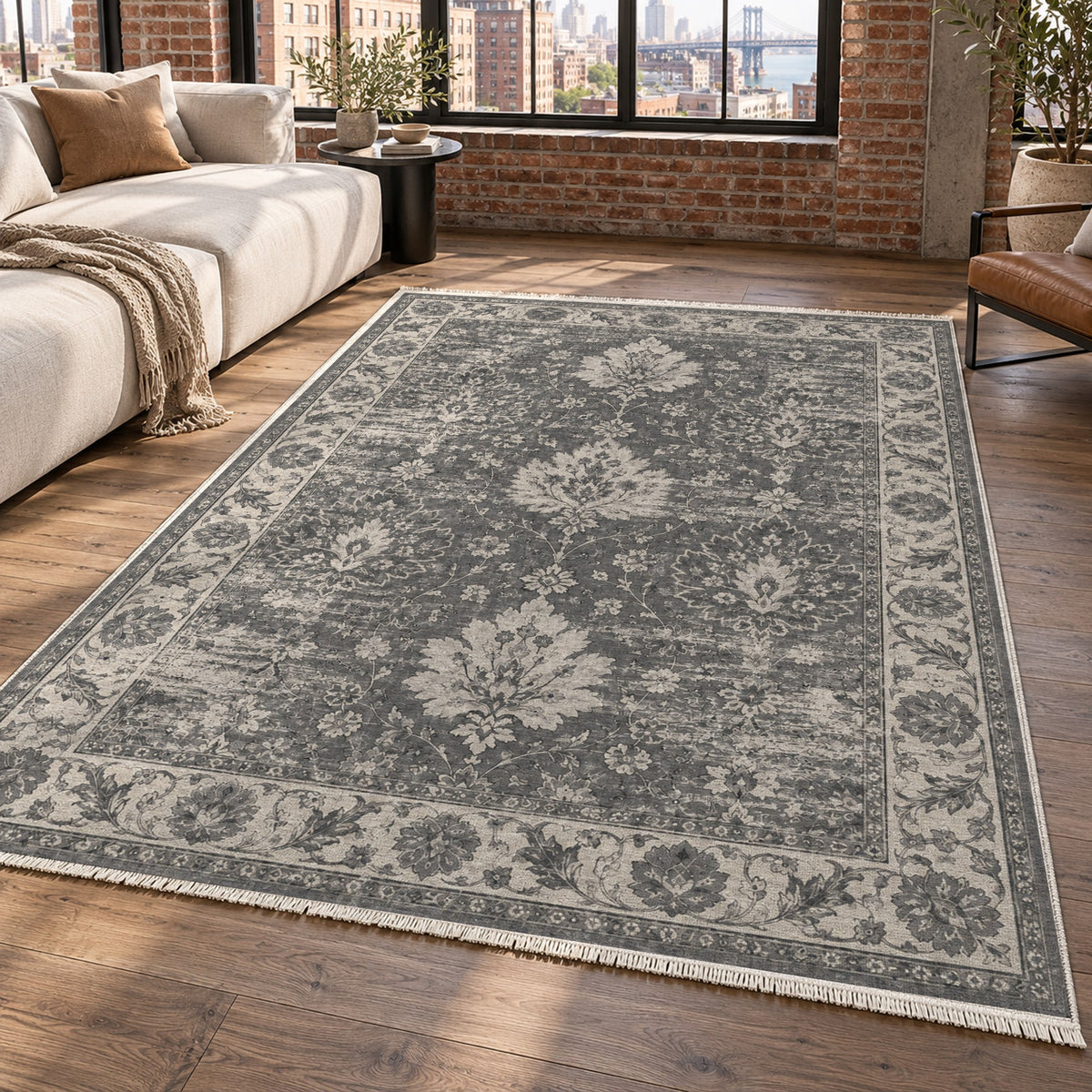 Erased Palmettes Charcoal Silver Vintage Washable Rug — new york living
