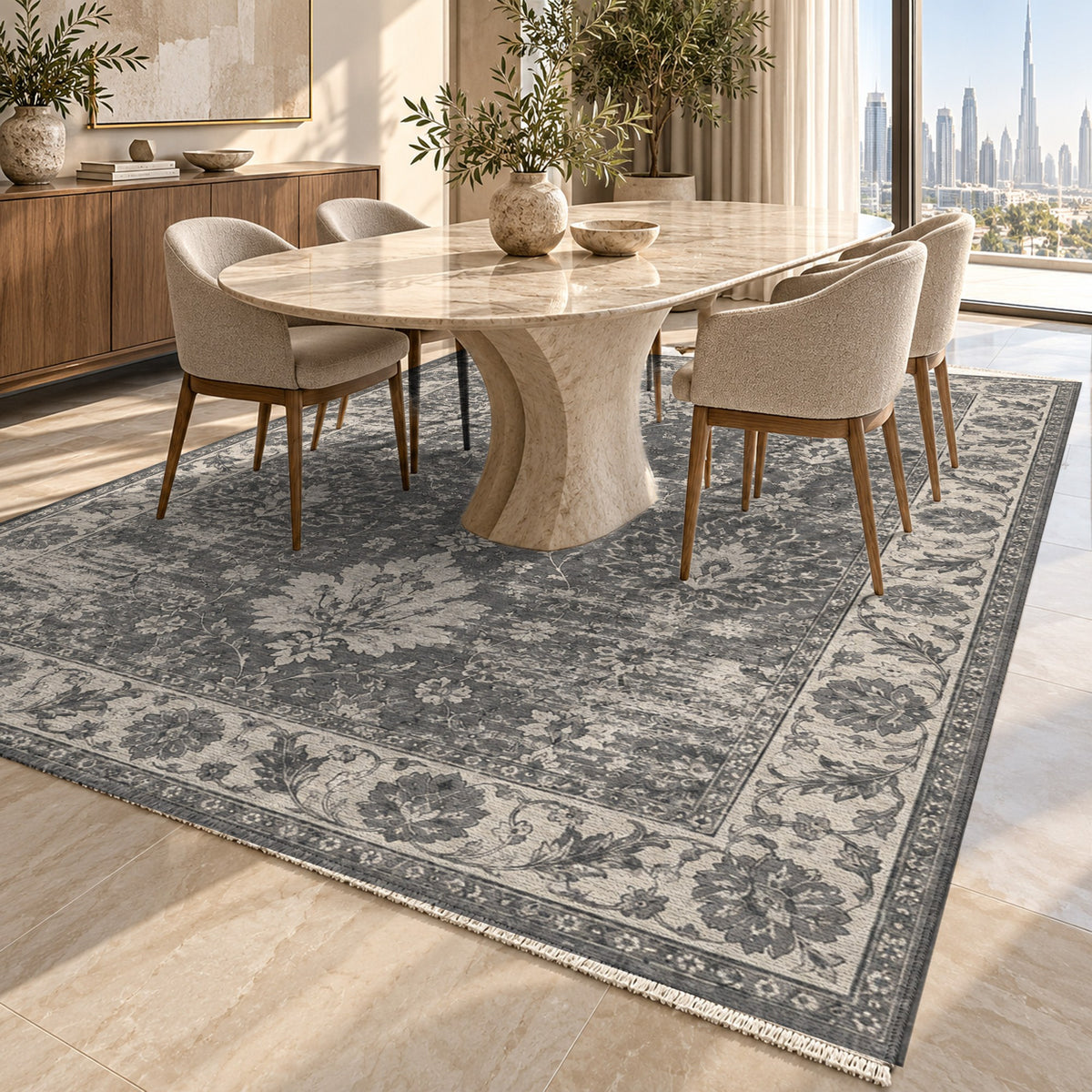 Erased Palmettes Charcoal Silver Vintage Washable Rug — dubai dining