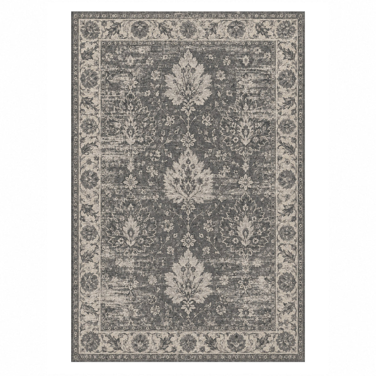 Erased Palmettes Charcoal Silver Vintage Washable Rug — top view