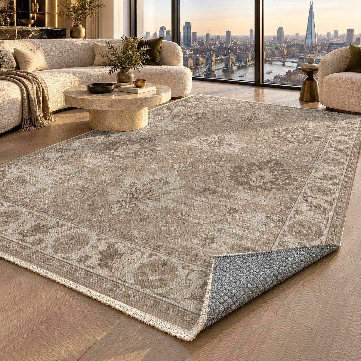 Erased Palmettes Ivory Taupe Vintage Washable Rug — london luxury living