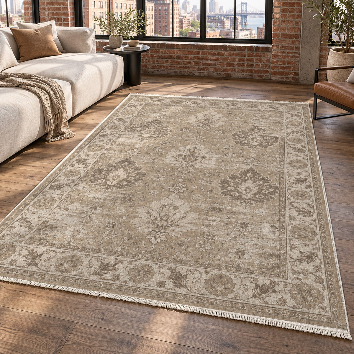 Erased Palmettes Ivory Taupe Vintage Washable Rug — new york living