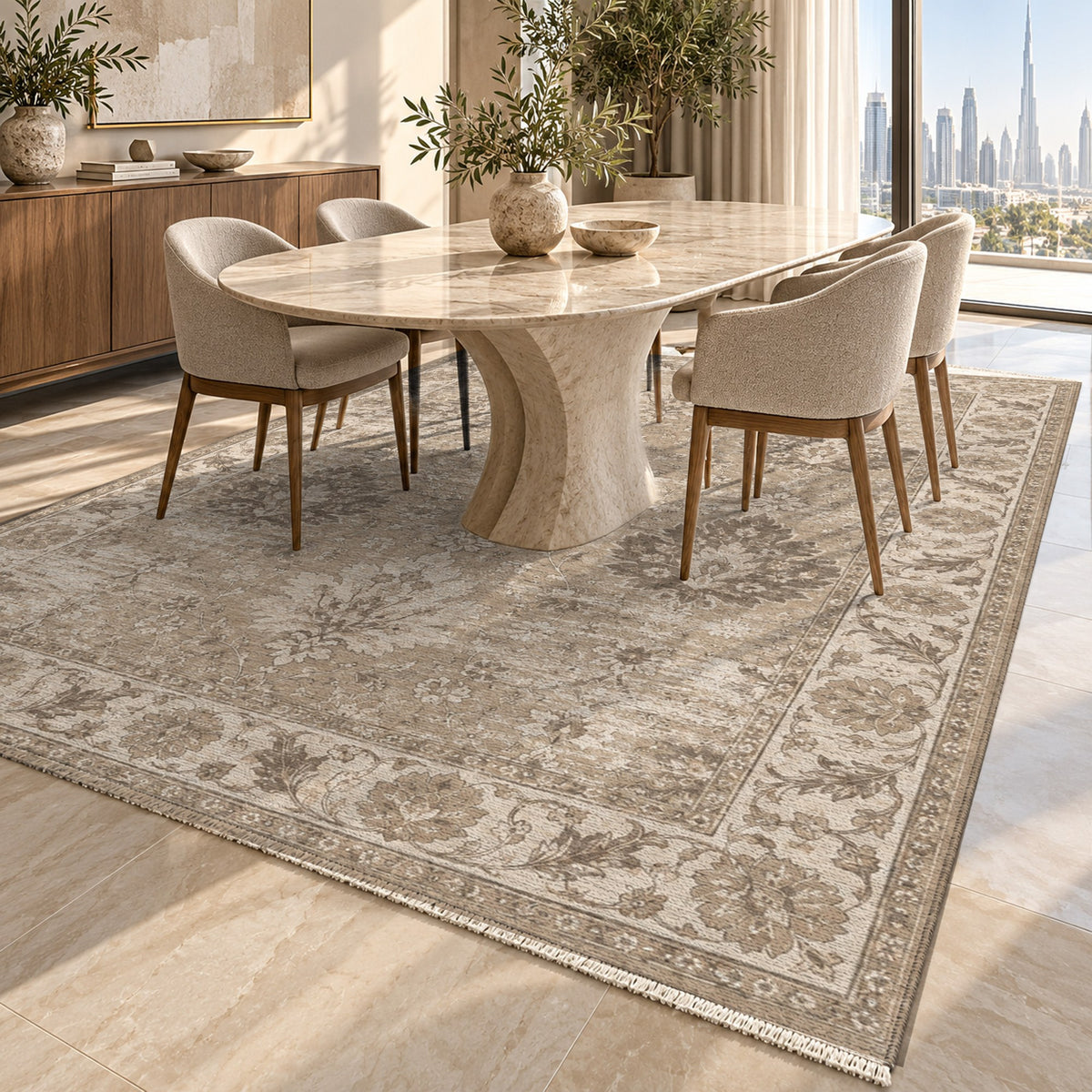 Erased Palmettes Ivory Taupe Vintage Washable Rug — dubai dining
