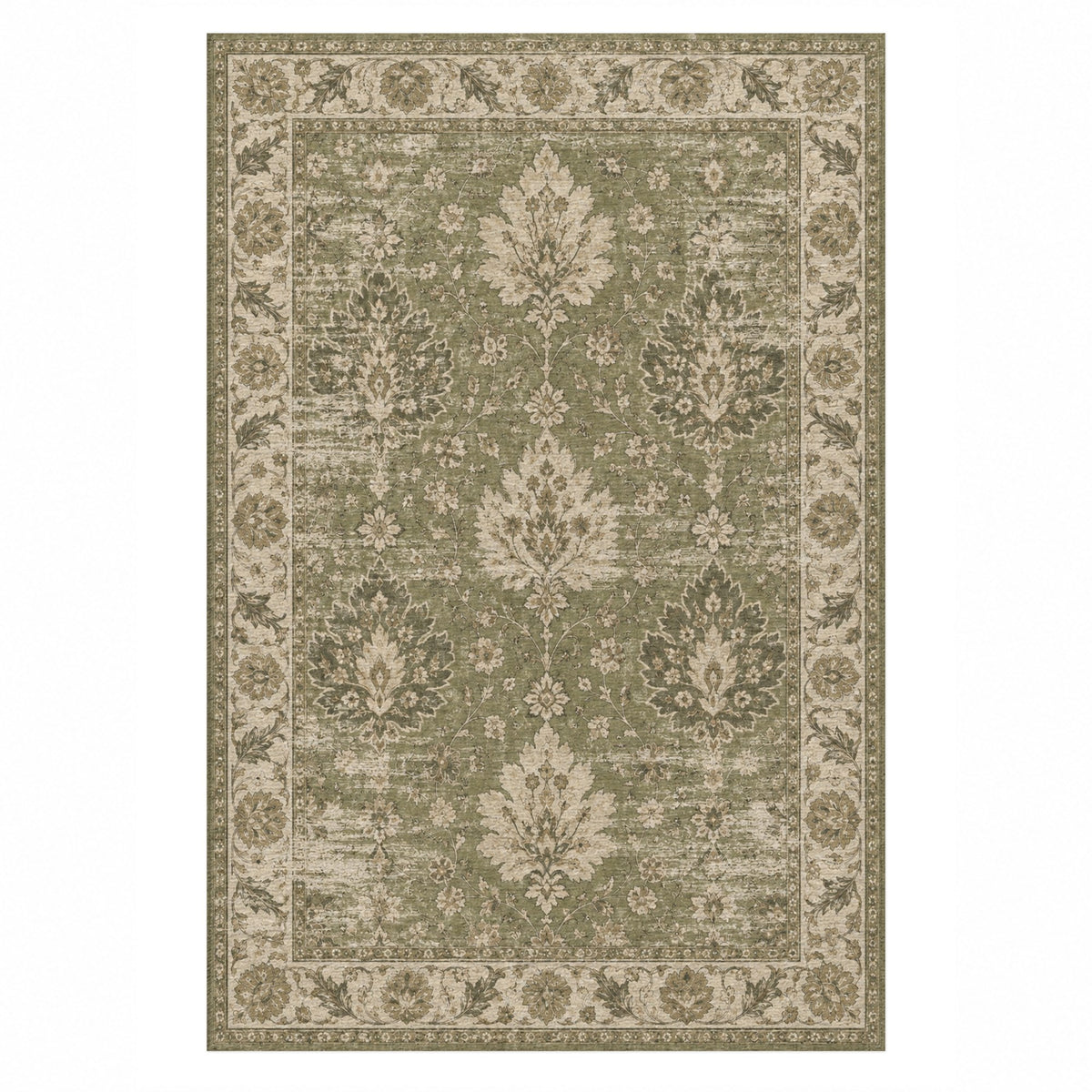 Erased Palmettes Olive Green Vintage Washable Rug — top view