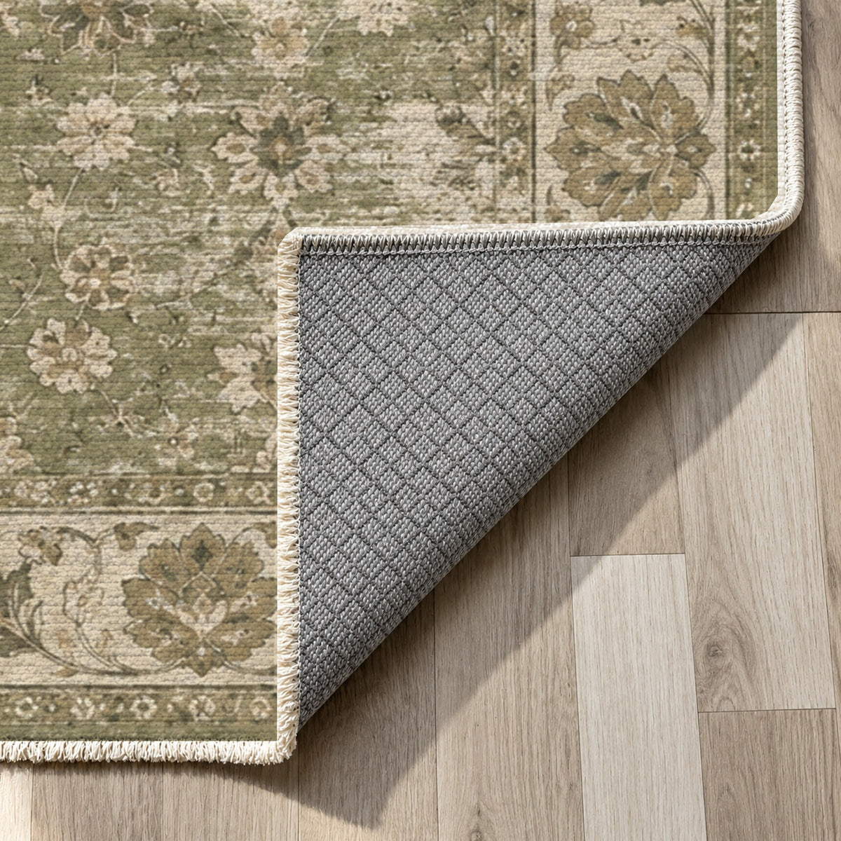 Erased Palmettes Olive Green Vintage Washable Rug — backing close up
