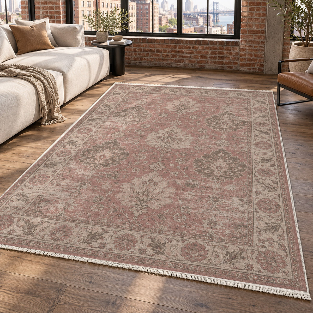 Erased Palmettes Rose Pink Vintage Washable Rug — new york living