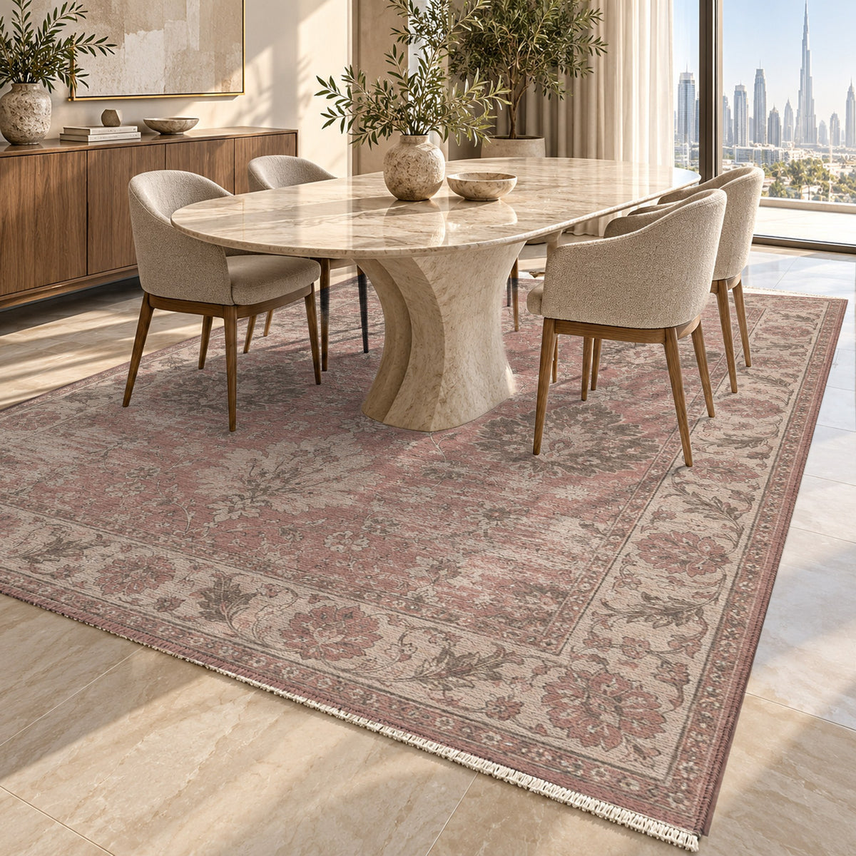 Erased Palmettes Rose Pink Vintage Washable Rug — dubai dining