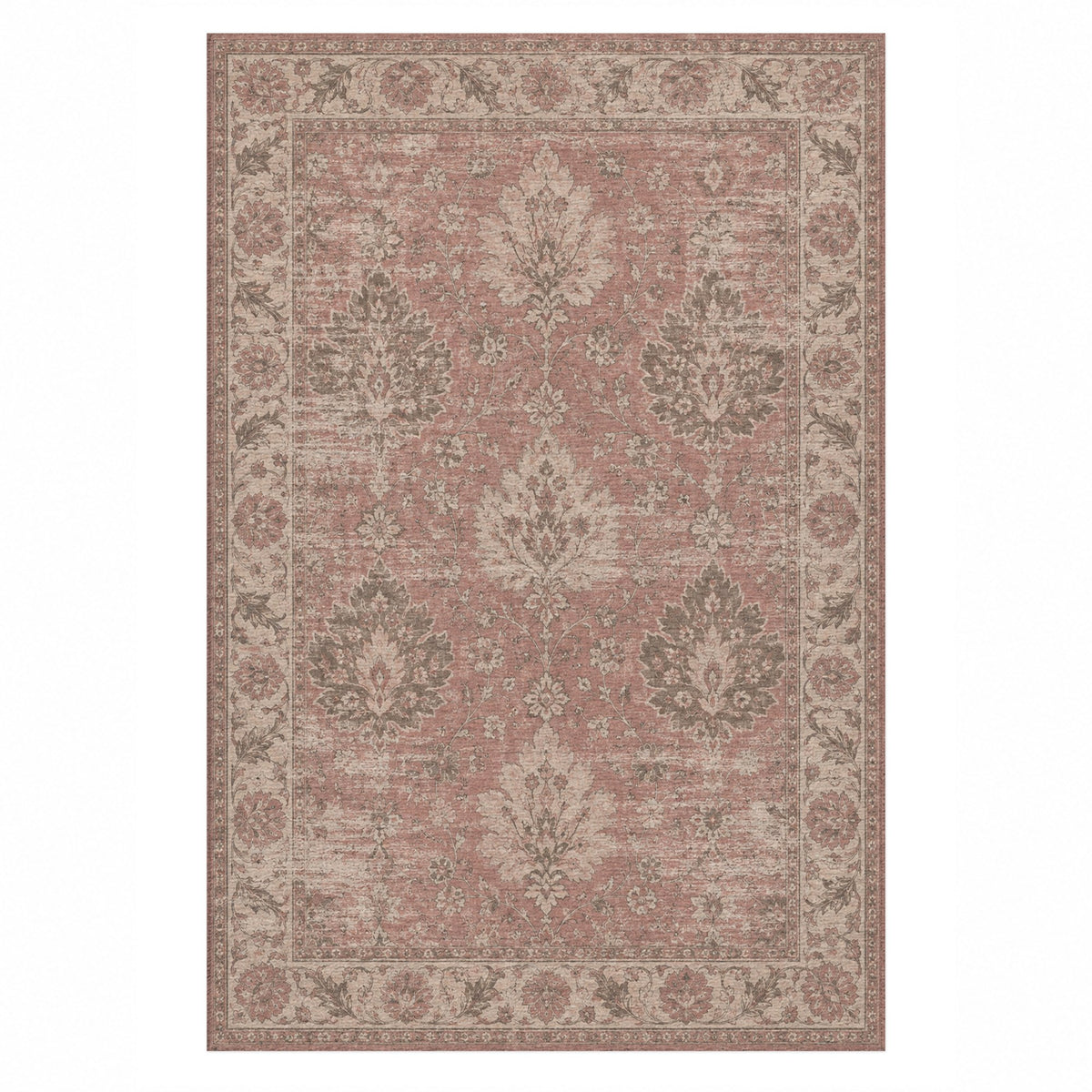 Erased Palmettes Rose Pink Vintage Washable Rug — top view