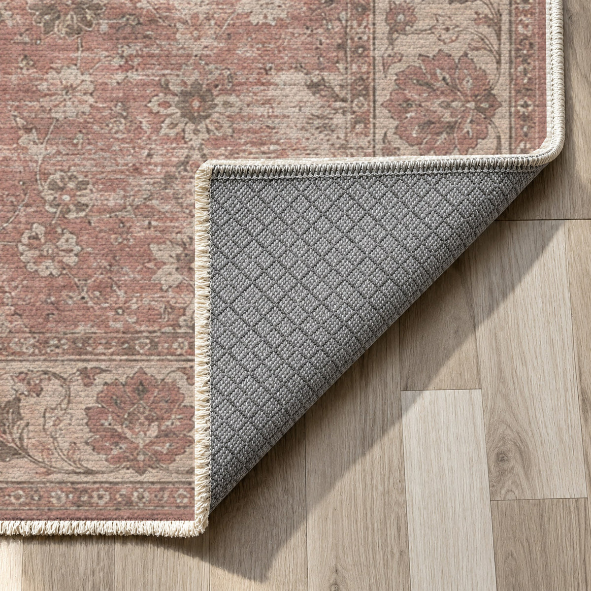 Erased Palmettes Rose Pink Vintage Washable Rug — backing close up