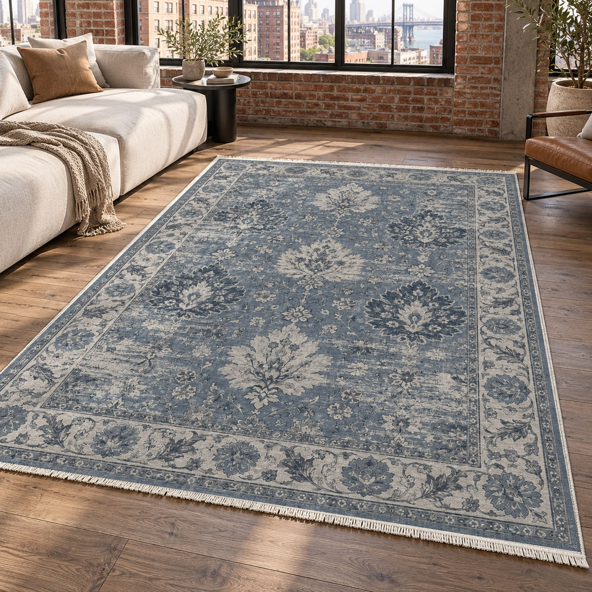 Erased Palmettes Slate Blue Vintage Washable Rug — new york living