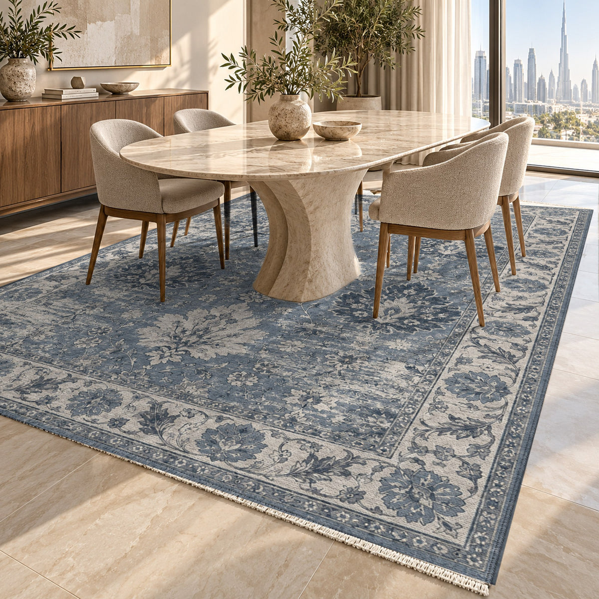 Erased Palmettes Slate Blue Vintage Washable Rug — dubai dining