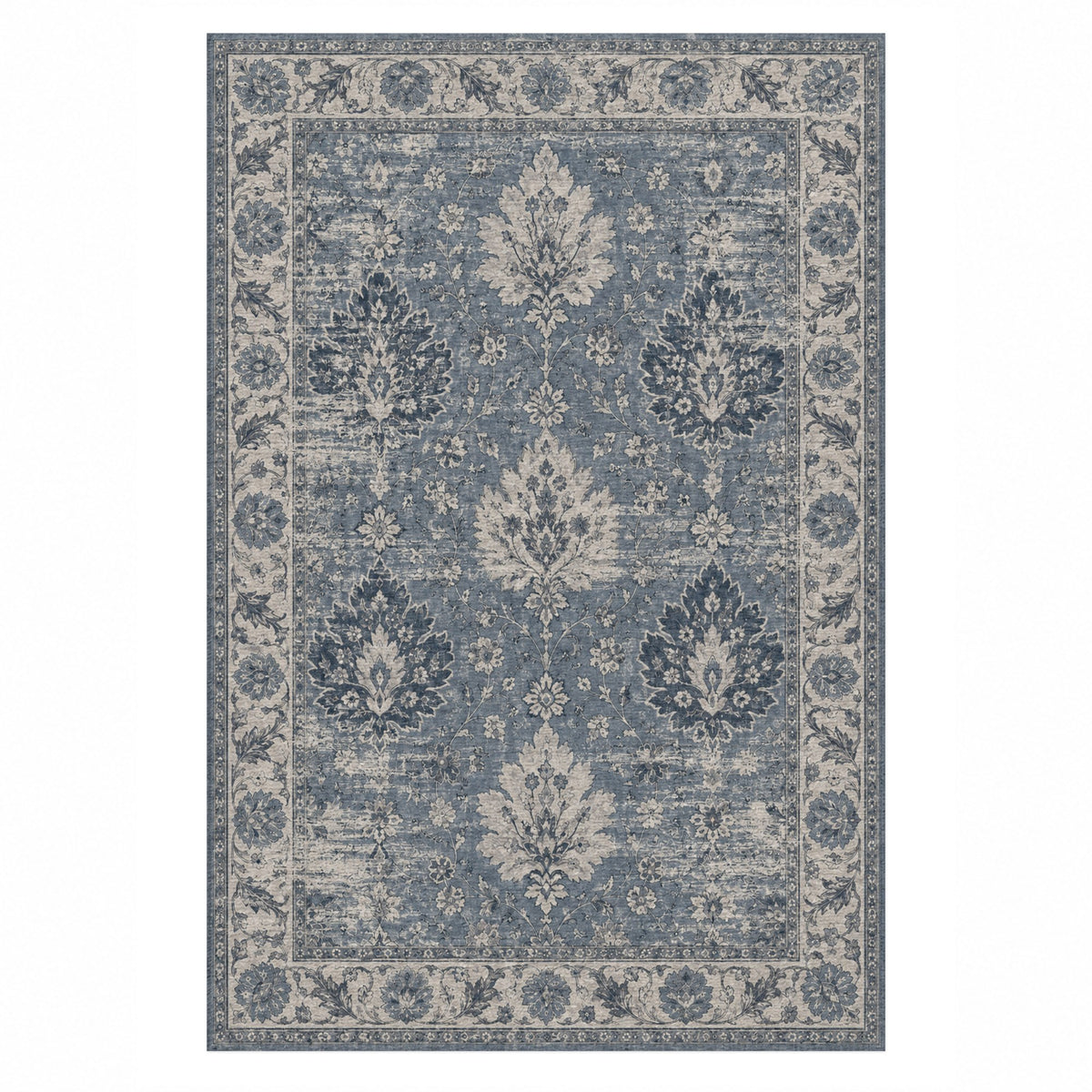 Erased Palmettes Slate Blue Vintage Washable Rug — top view