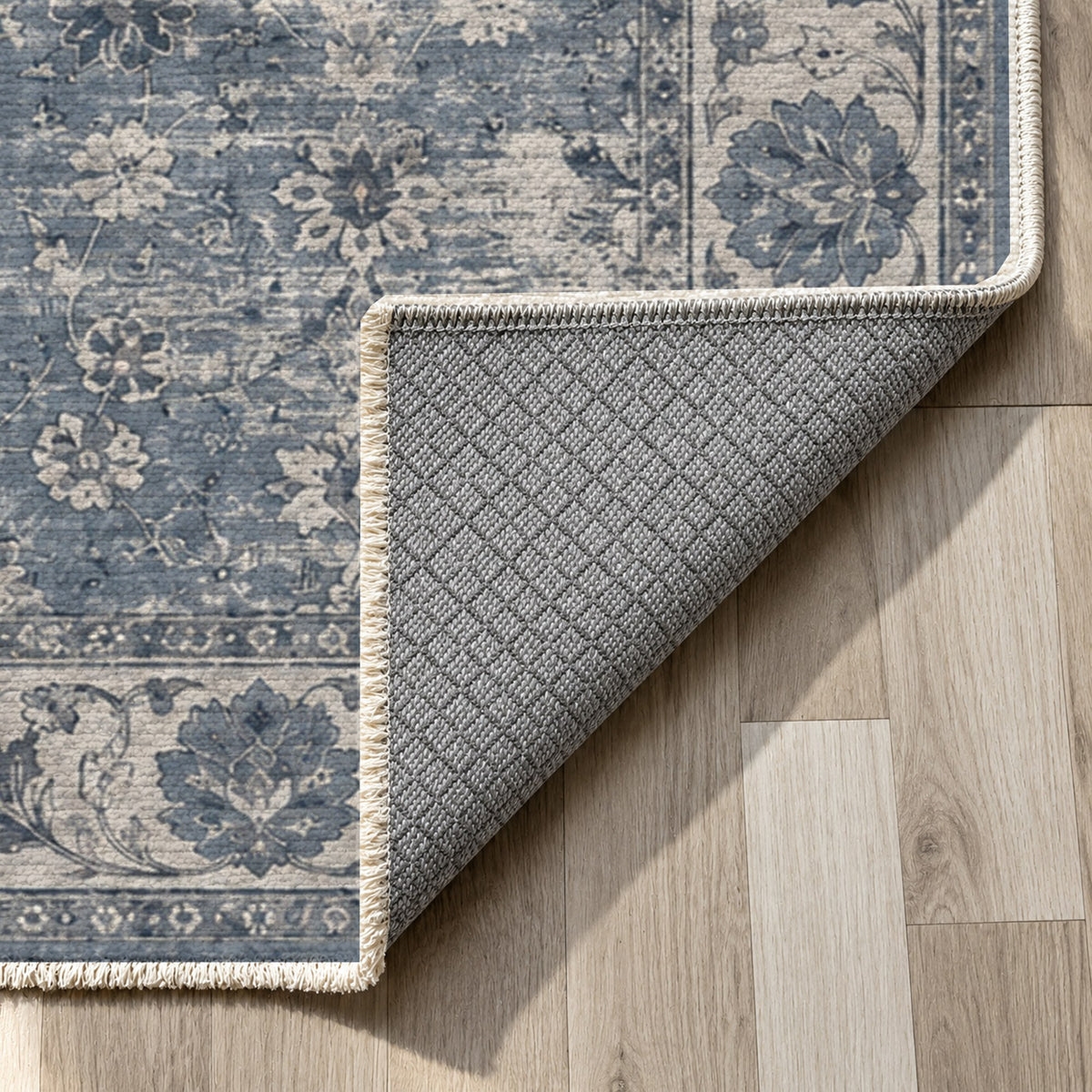 Erased Palmettes Slate Blue Vintage Washable Rug — backing close up