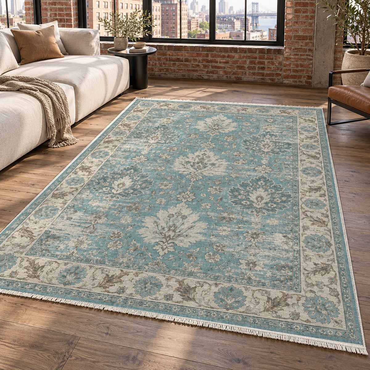 Erased Palmettes Turquoise Blue Vintage Washable Rug — new york living