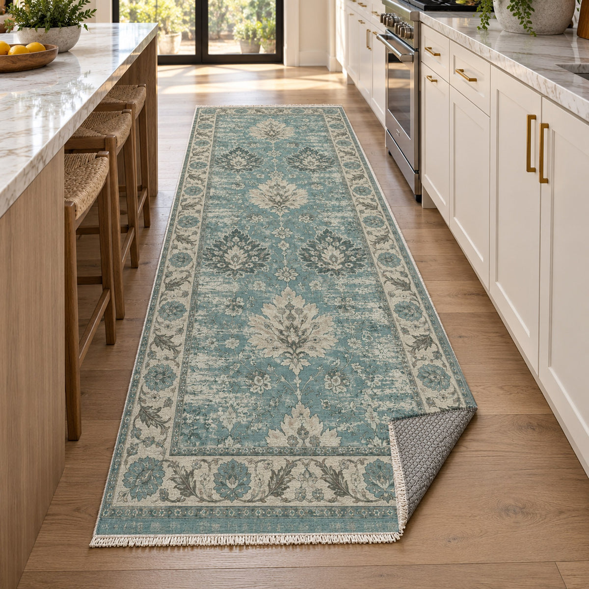 Erased Palmettes Turquoise Blue Vintage Washable Rug — new york kitchen runner