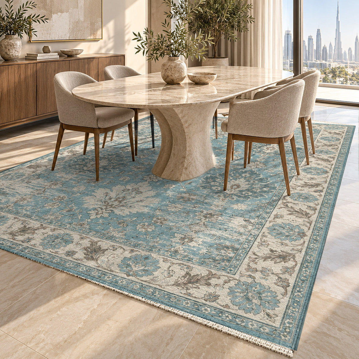 Erased Palmettes Turquoise Blue Vintage Washable Rug — dubai dining