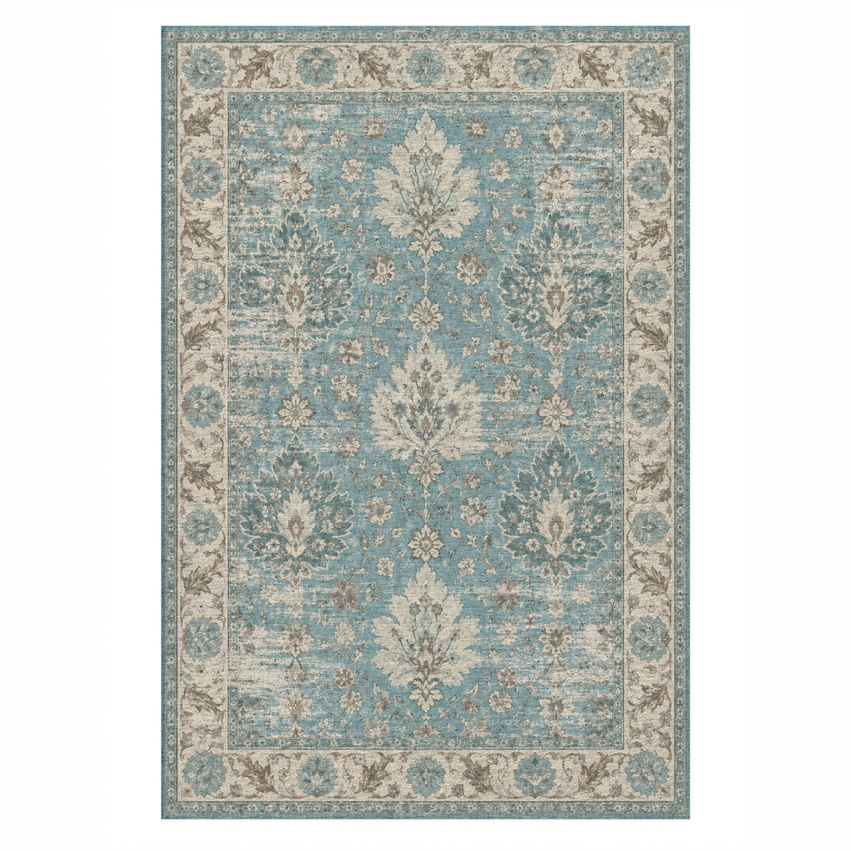 Erased Palmettes Turquoise Blue Vintage Washable Rug — top view