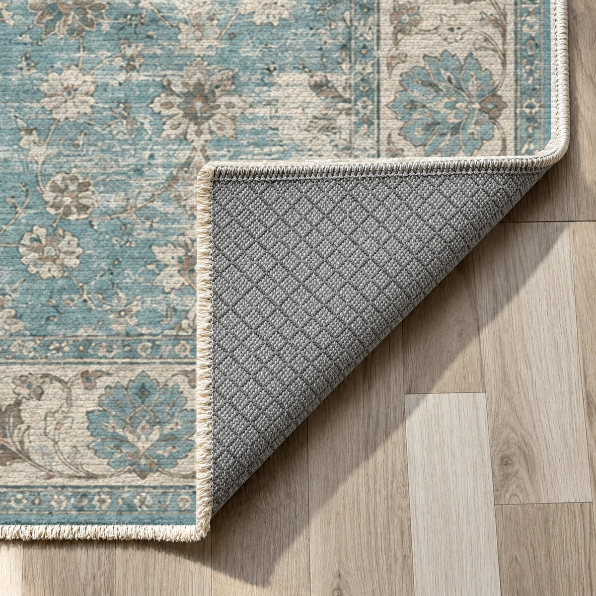 Erased Palmettes Turquoise Blue Vintage Washable Rug — backing close up