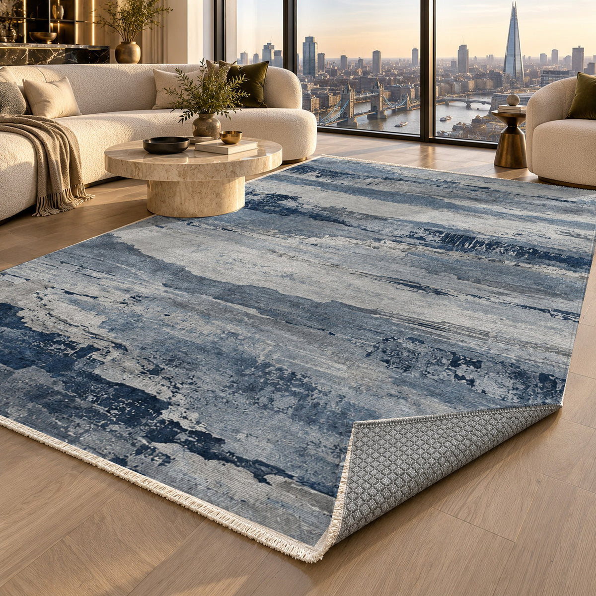 Eroded Strata Blue Grey Abstract Washable Rug — london luxury living