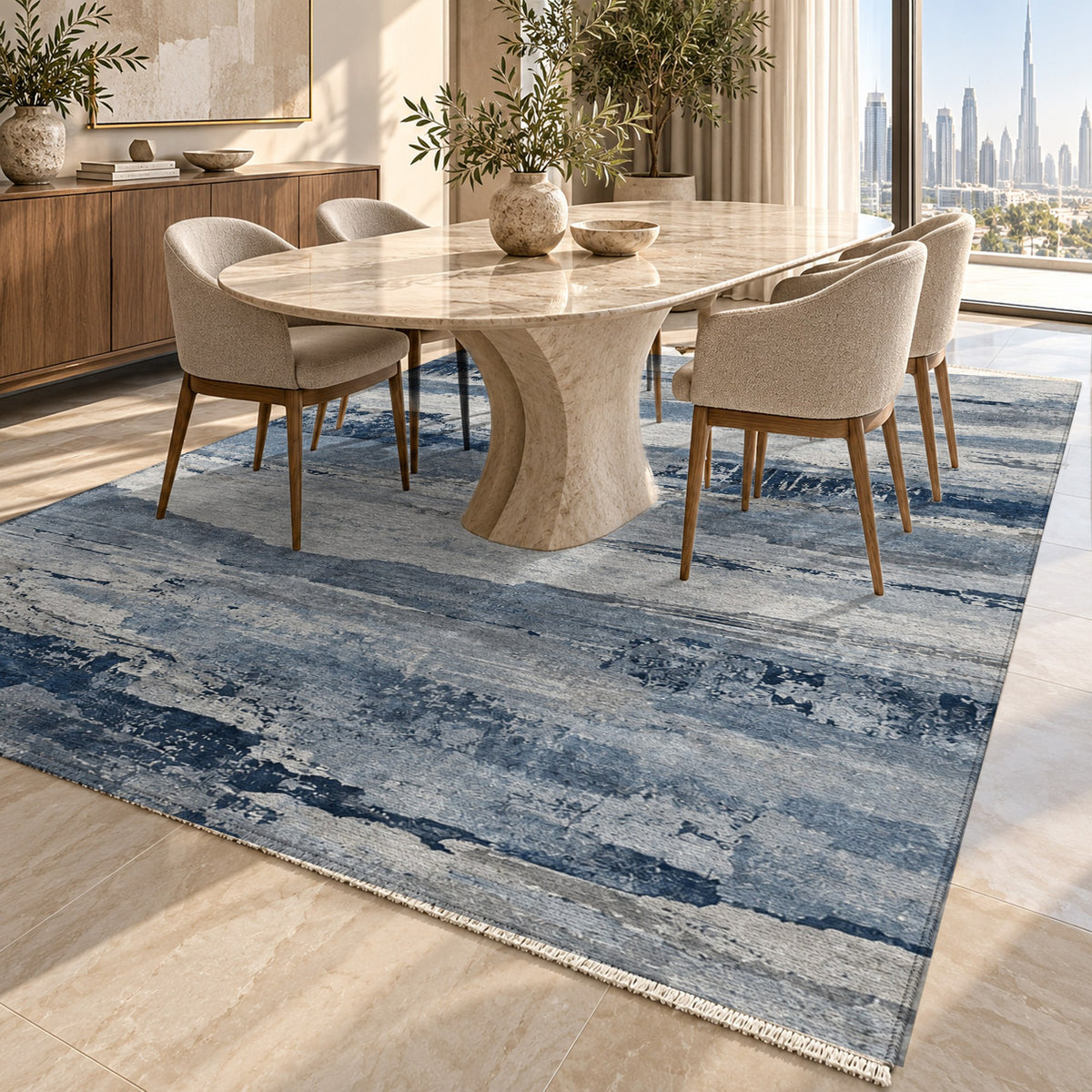 Eroded Strata Blue Grey Abstract Washable Rug — dubai dining
