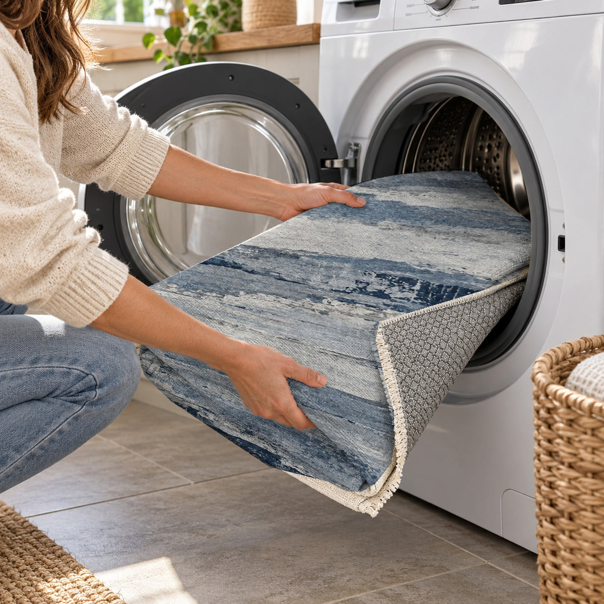 Eroded Strata Blue Grey Abstract Washable Rug — washing machine