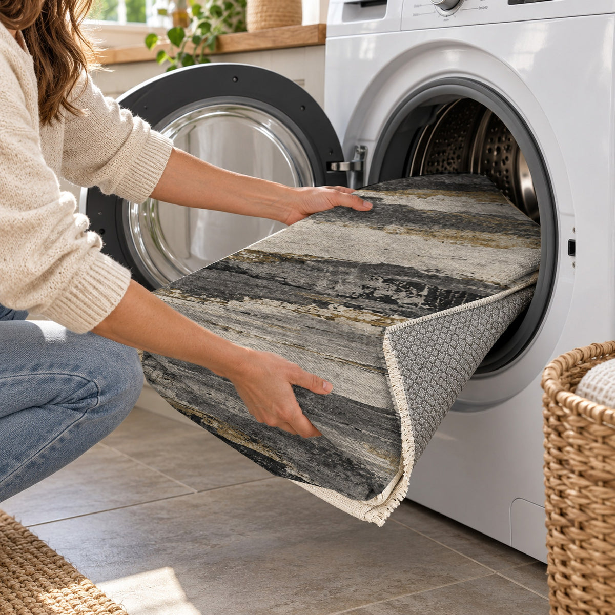 Eroded Strata Charcoal Gold Abstract Washable Rug — washing machine