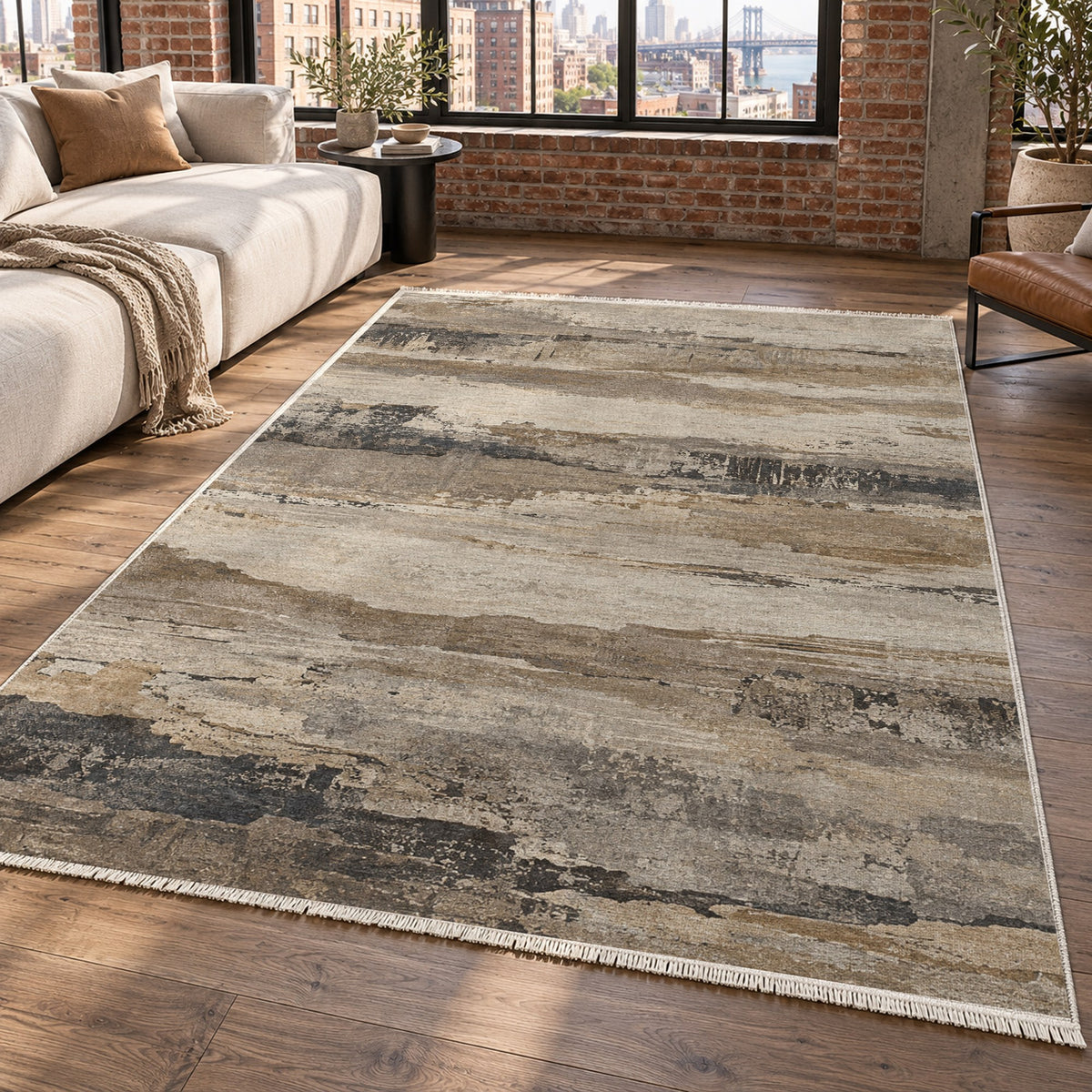 Eroded Strata Ivory Taupe Abstract Washable Rug — new york living