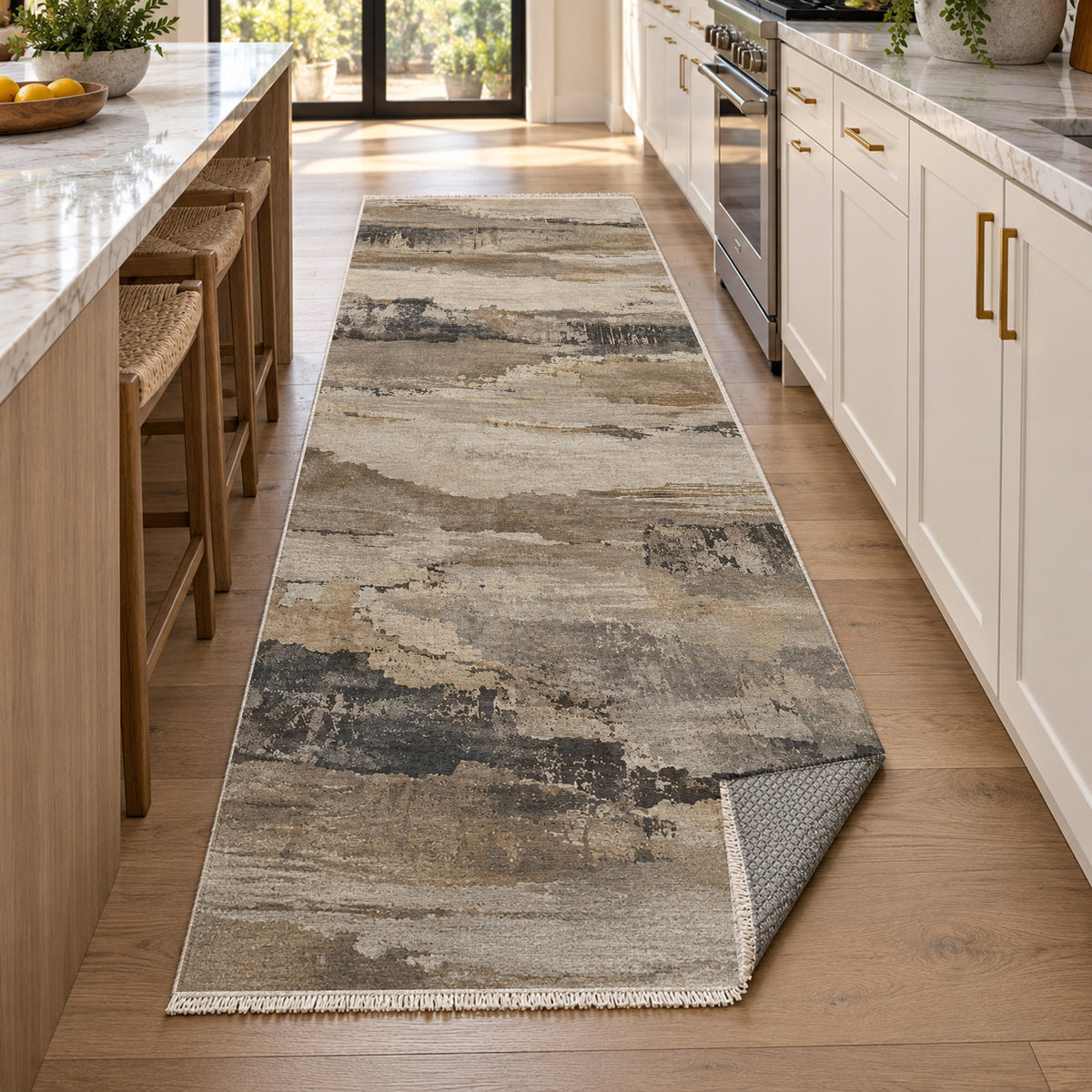 Eroded Strata Ivory Taupe Abstract Washable Rug — new york kitchen runner