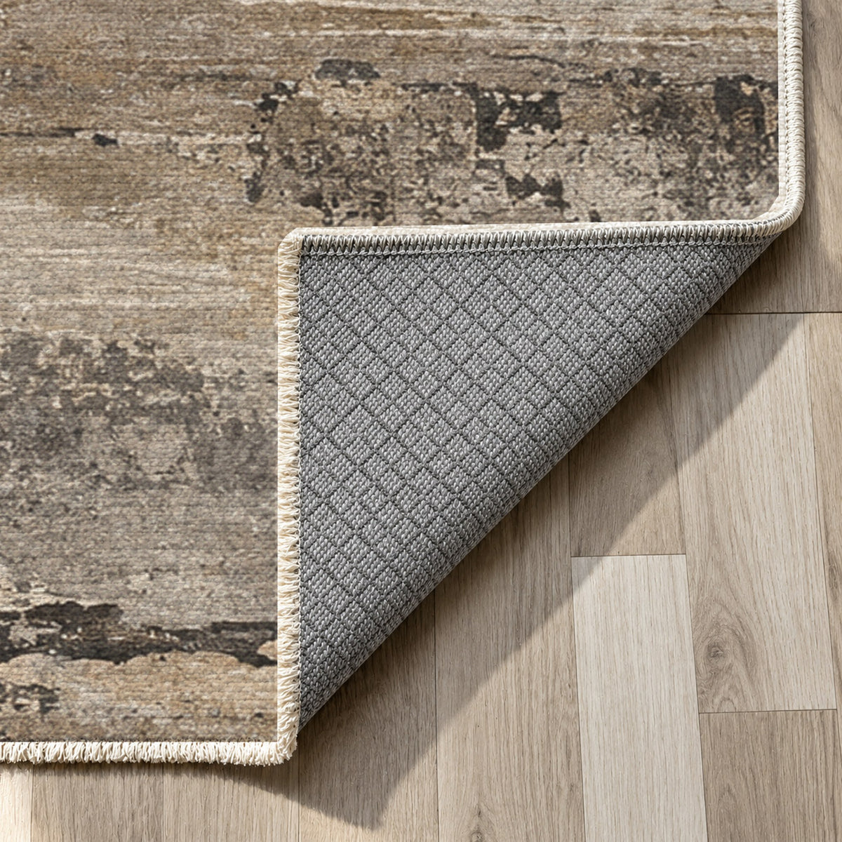 Eroded Strata Ivory Taupe Abstract Washable Rug — backing close up