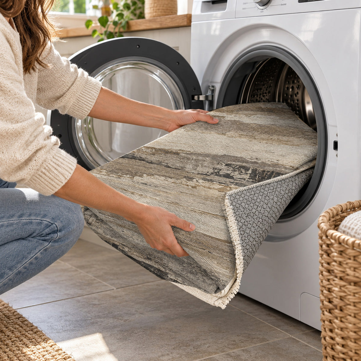Eroded Strata Ivory Taupe Abstract Washable Rug — washing machine