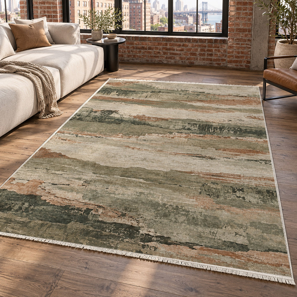 Eroded Strata Sage Clay Abstract Washable Rug — new york living
