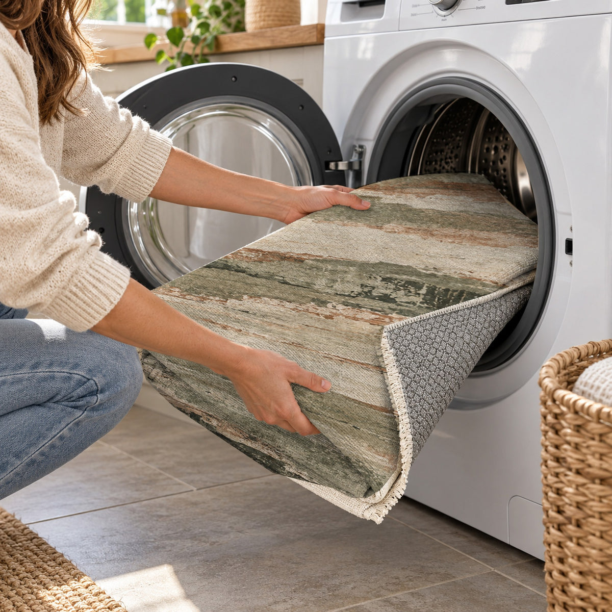 Eroded Strata Sage Clay Abstract Washable Rug — washing machine