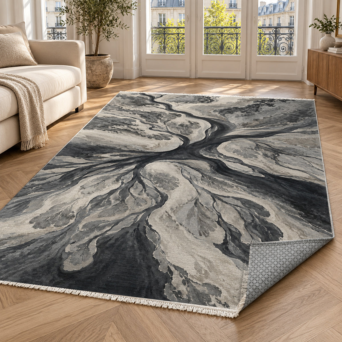Estuary Fans Charcoal Abstract Washable Rug — paris living